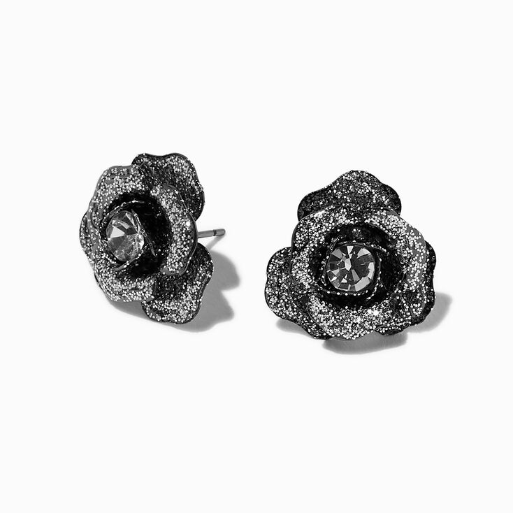 Hematite Glitter Carved Rose Stud Earrings ,