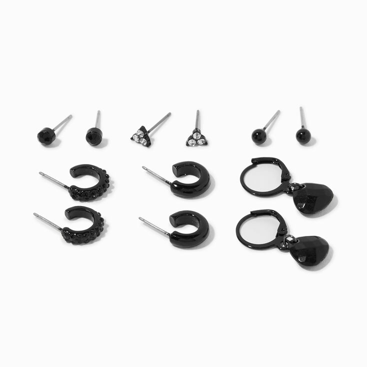 Boucles d&rsquo;oreilles aux designs vari&eacute;s avec strass noir de jais - Lot de 6,