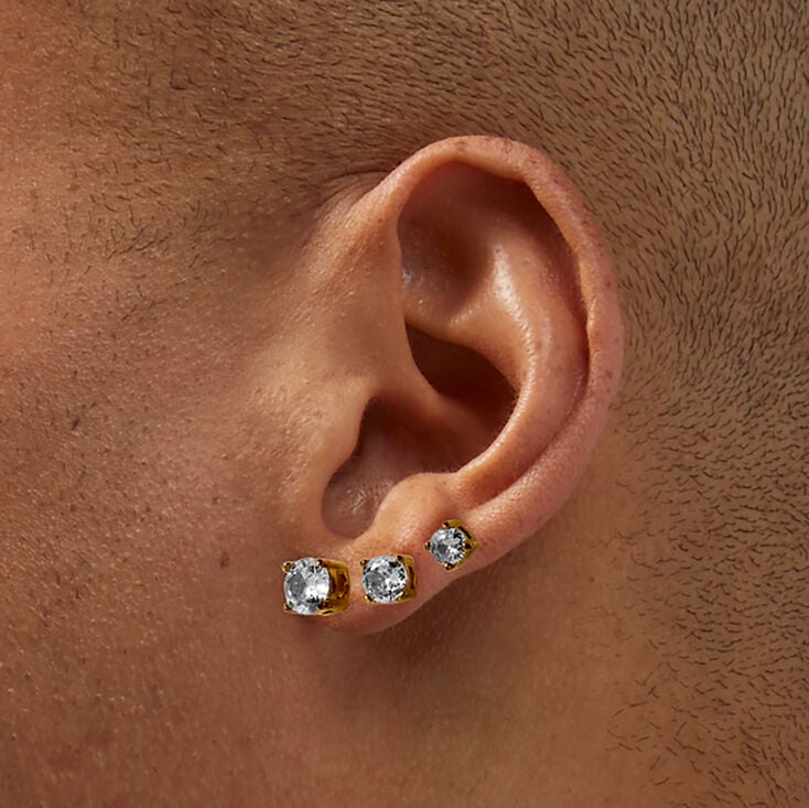 Gold-tone Stainless Steel Cubic Zirconia Round Stud Earrings - 3 Pack,