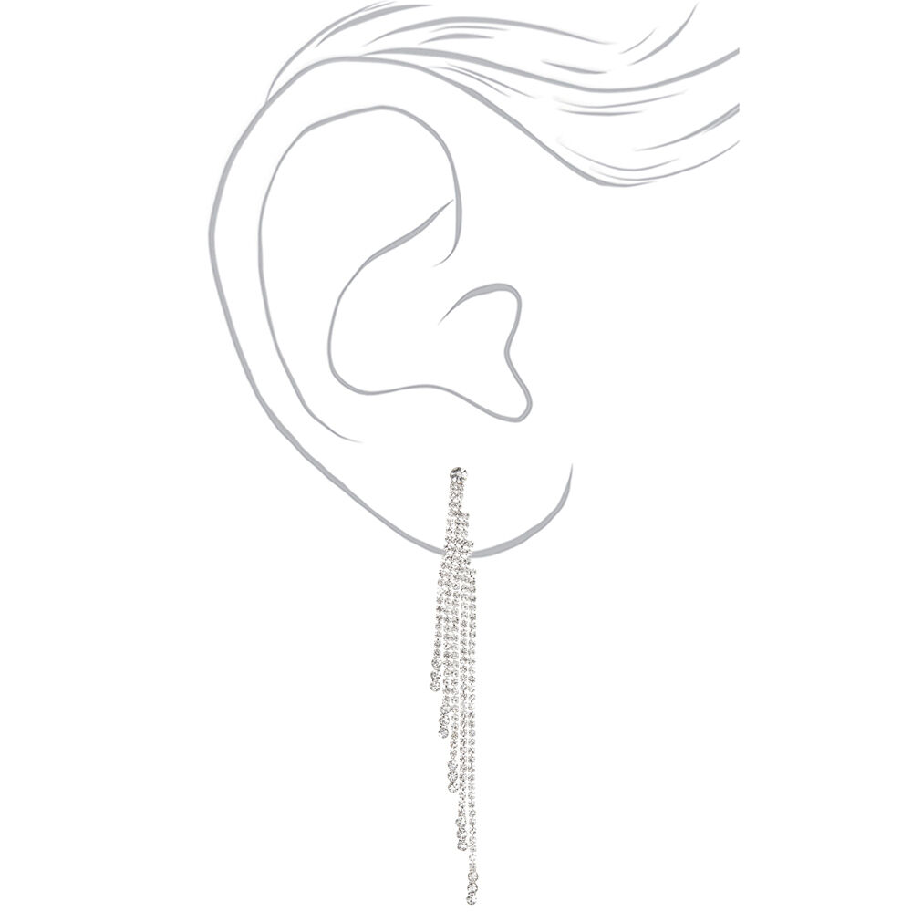 Silver Rhinestone 4" Fringe Drop Earrings,