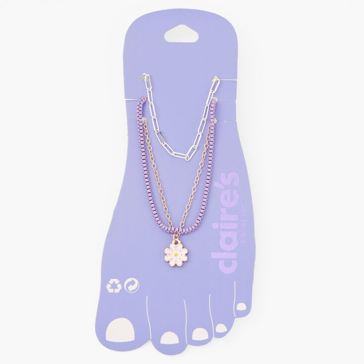 Mixed Metal Daisy &amp; Purple Beaded Chain Anklets - 3 Pack,