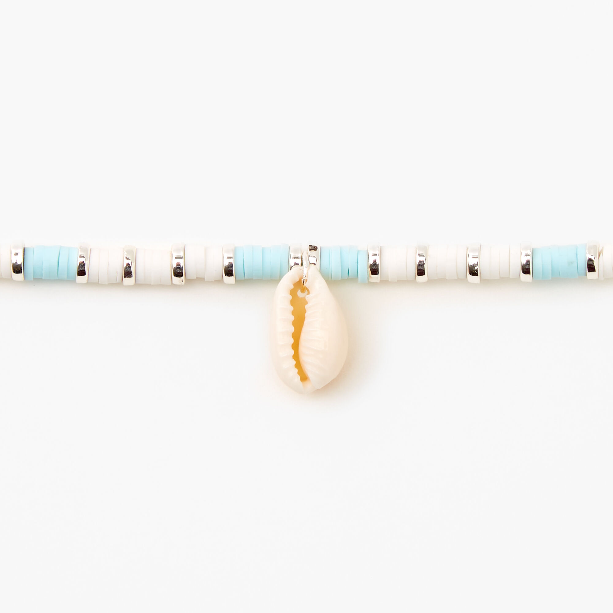 Silver Disc Cowrie Seashell Choker Necklace - Blue,