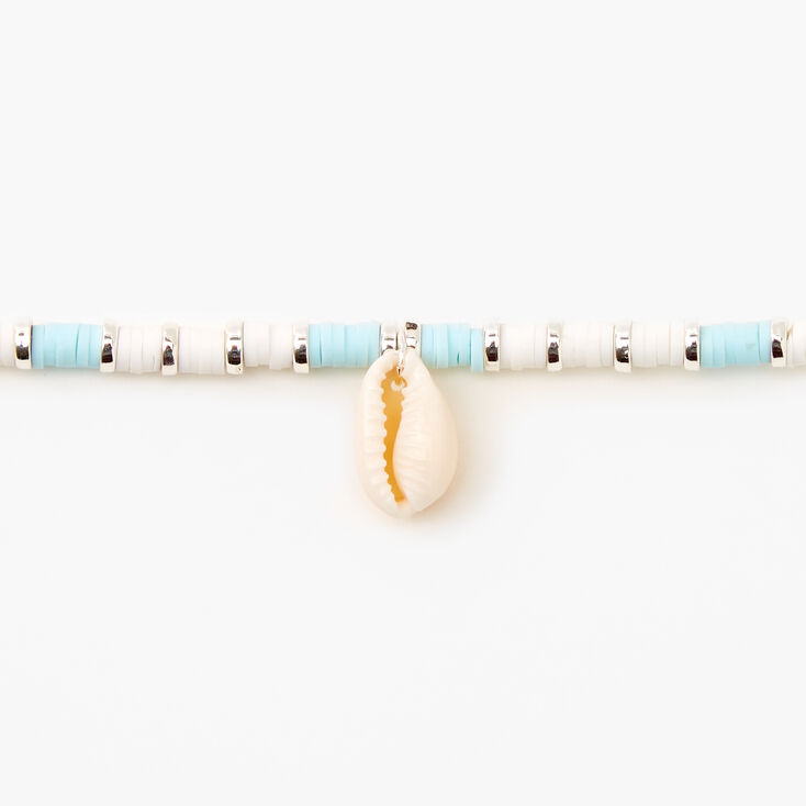 Silver Disc Cowrie Seashell Choker Necklace - Blue,