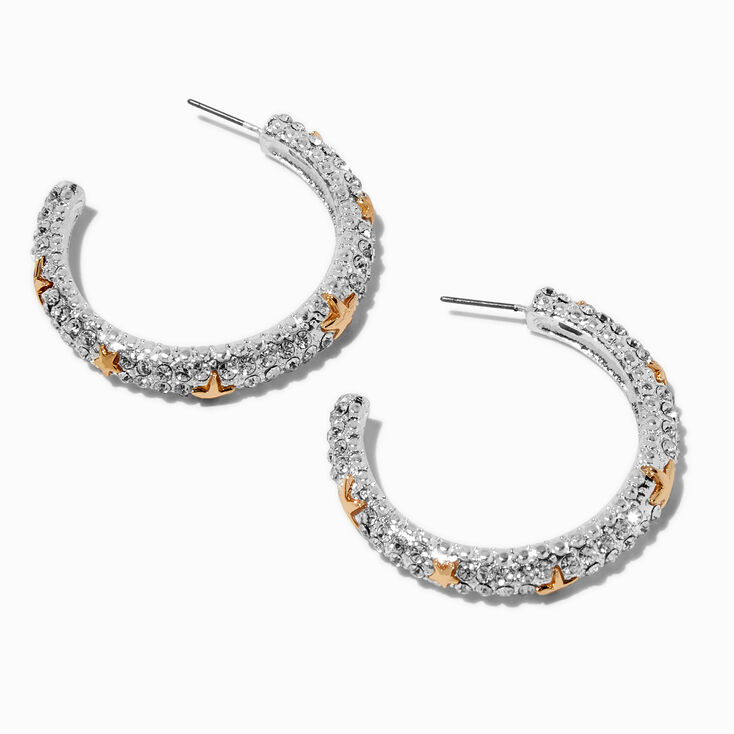 Mixed Metal Star Pav&eacute; Hoop Earrings,