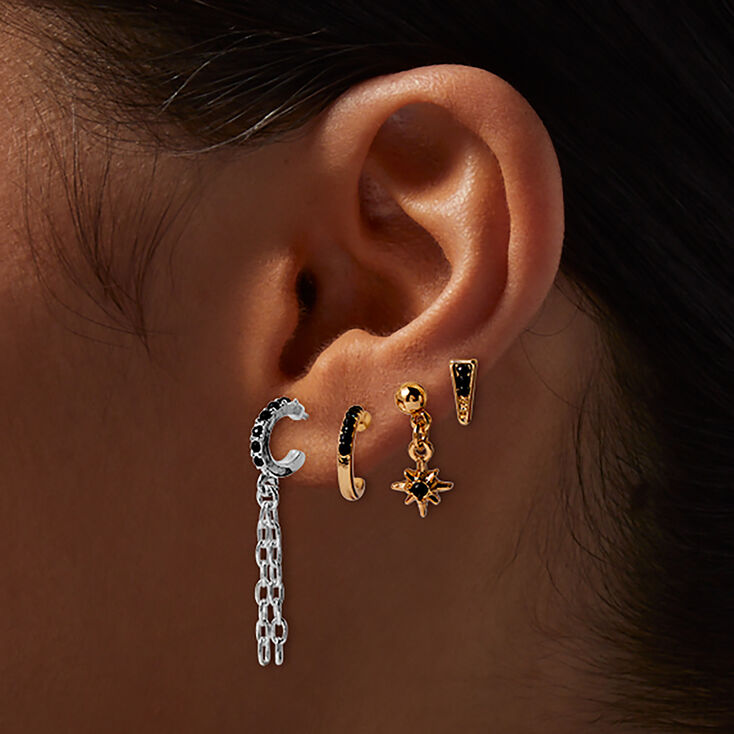 Mixed Metal Black Crystal Connector Earring Stackables Set - 6 Pack,