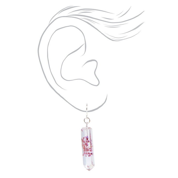 Silver 1&#39;&#39; Purple Flower Mystical Gem Drop Earrings,