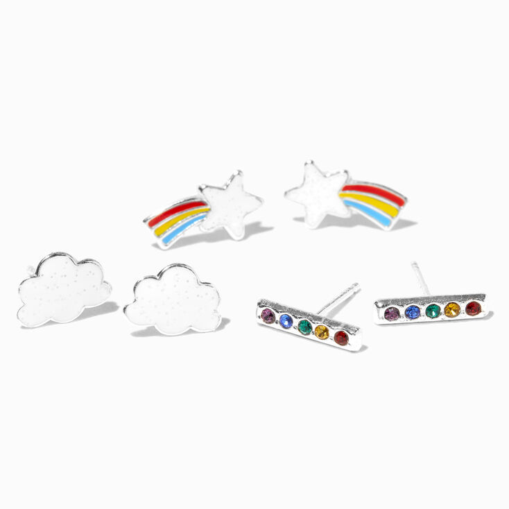 Sterling Silver Shooting Star &amp; Cloud Stud Earrings - 3 Pack,