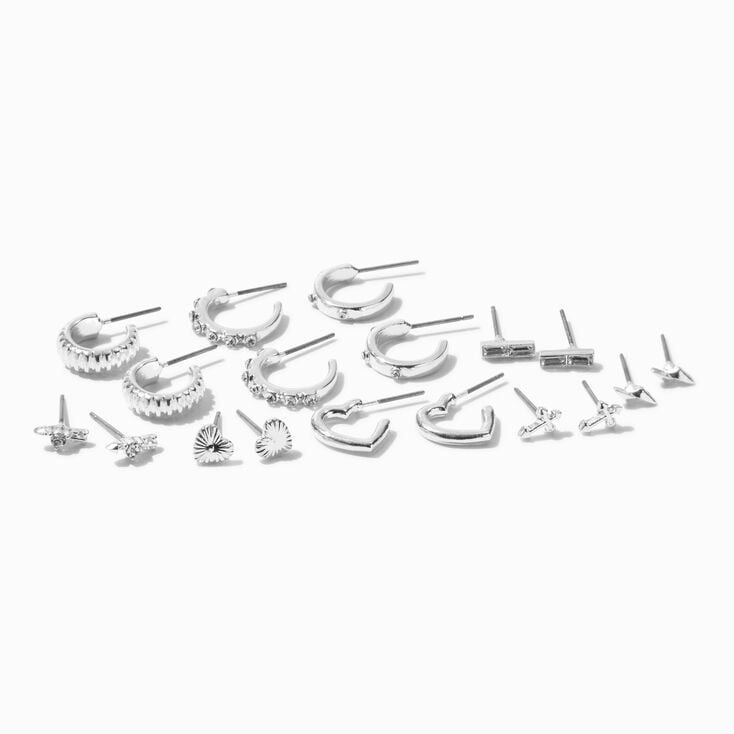 Silver-tone Crystal Mixed Motif Earring Stackables Set - 9 Pack,