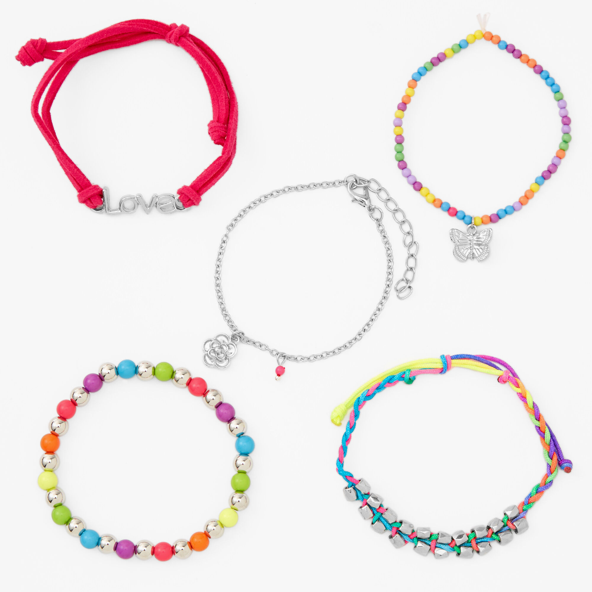 View Claires Neon Rainbow Bracelets 5 Pack Silver information