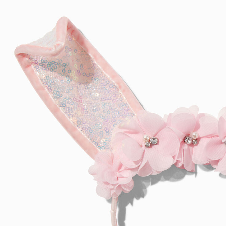 Pink Floral & Sequin Bunny Ears Headband