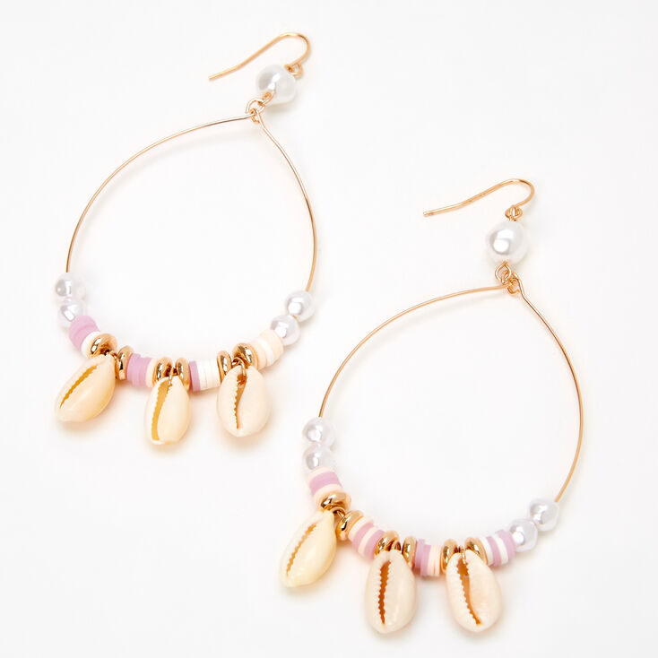 Gold 4&quot; Cowrie Seashell &amp; Disc Hoop Earrings - Pink,