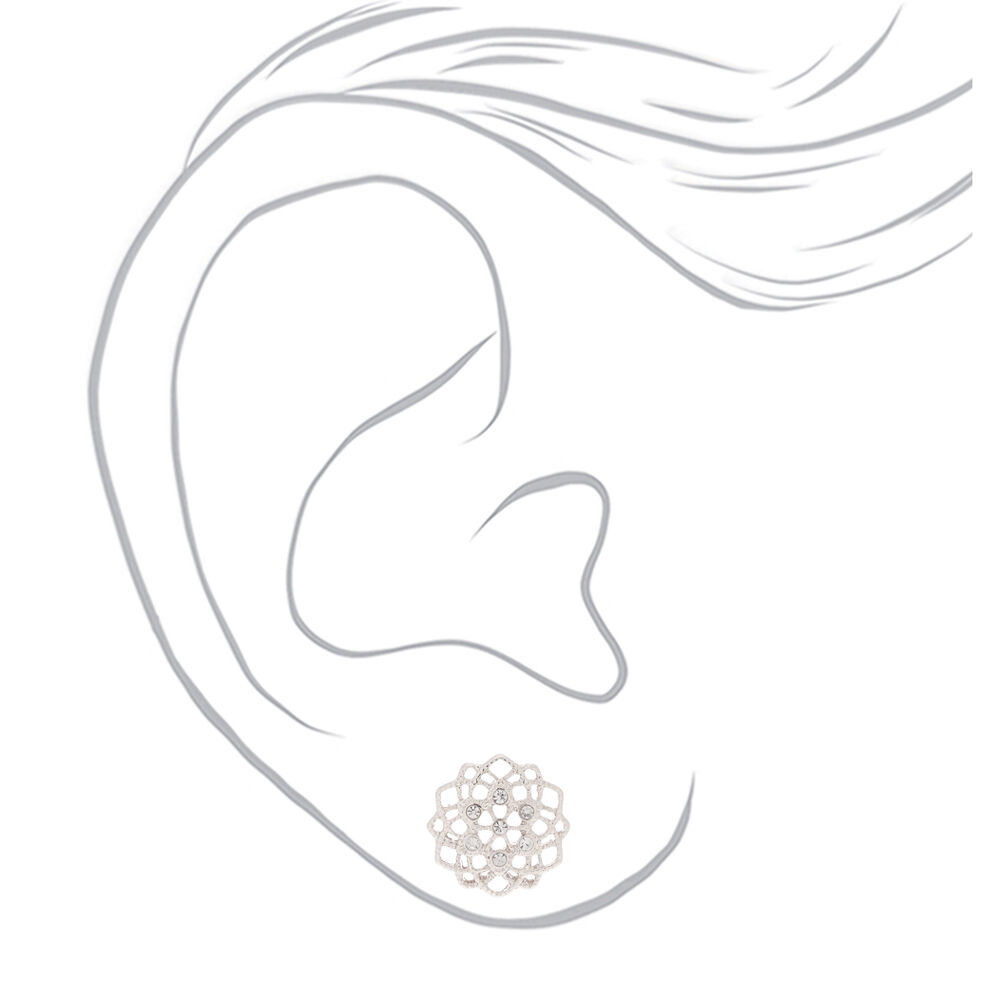 Silver Filigree and Rhinestone Stud Earrings,
