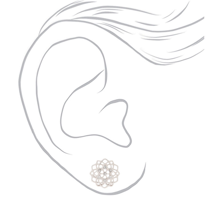 Silver Filigree and Rhinestone Stud Earrings,