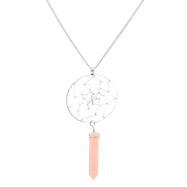 Claire's Collier long à pendentif pierre attrape-rêves couleur argenté - Rose