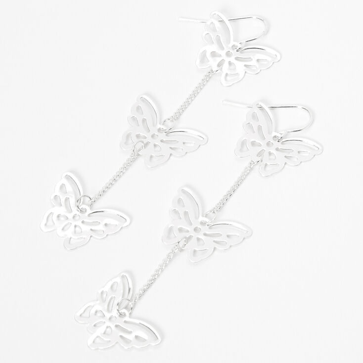 Silver 3&quot; Triple Butterfly Linear Drop Earrings,