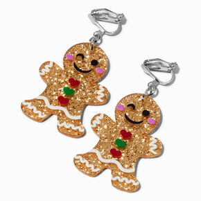 Gingerbread Cookie Glittery Clip-On Drop Earrings,