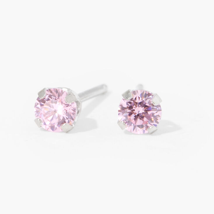 14kt White Gold 3mm October Pink Ice Cubic Zirconia Studs Ear Piercing Kit with Ear Care Solution,