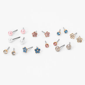 Gold-tone Flower Crystal Pearl Stud Earrings - 9 Pack,