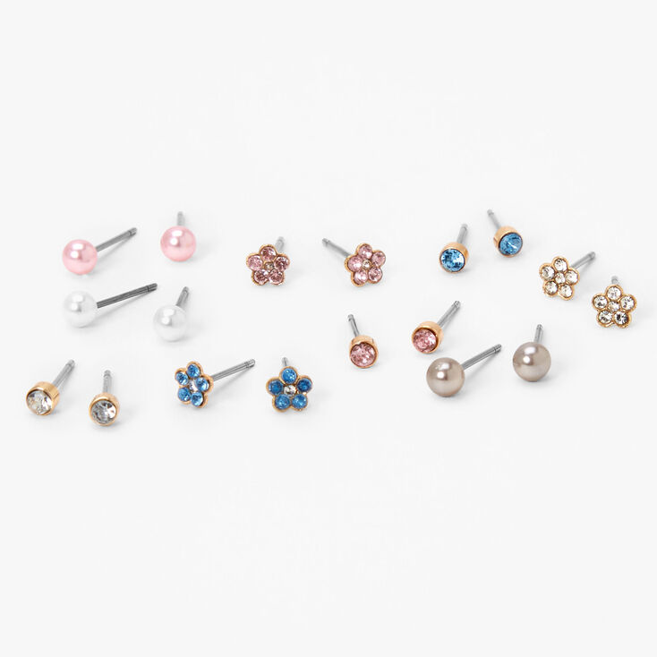 Gold-tone Flower Crystal Pearl Stud Earrings - 9 Pack,