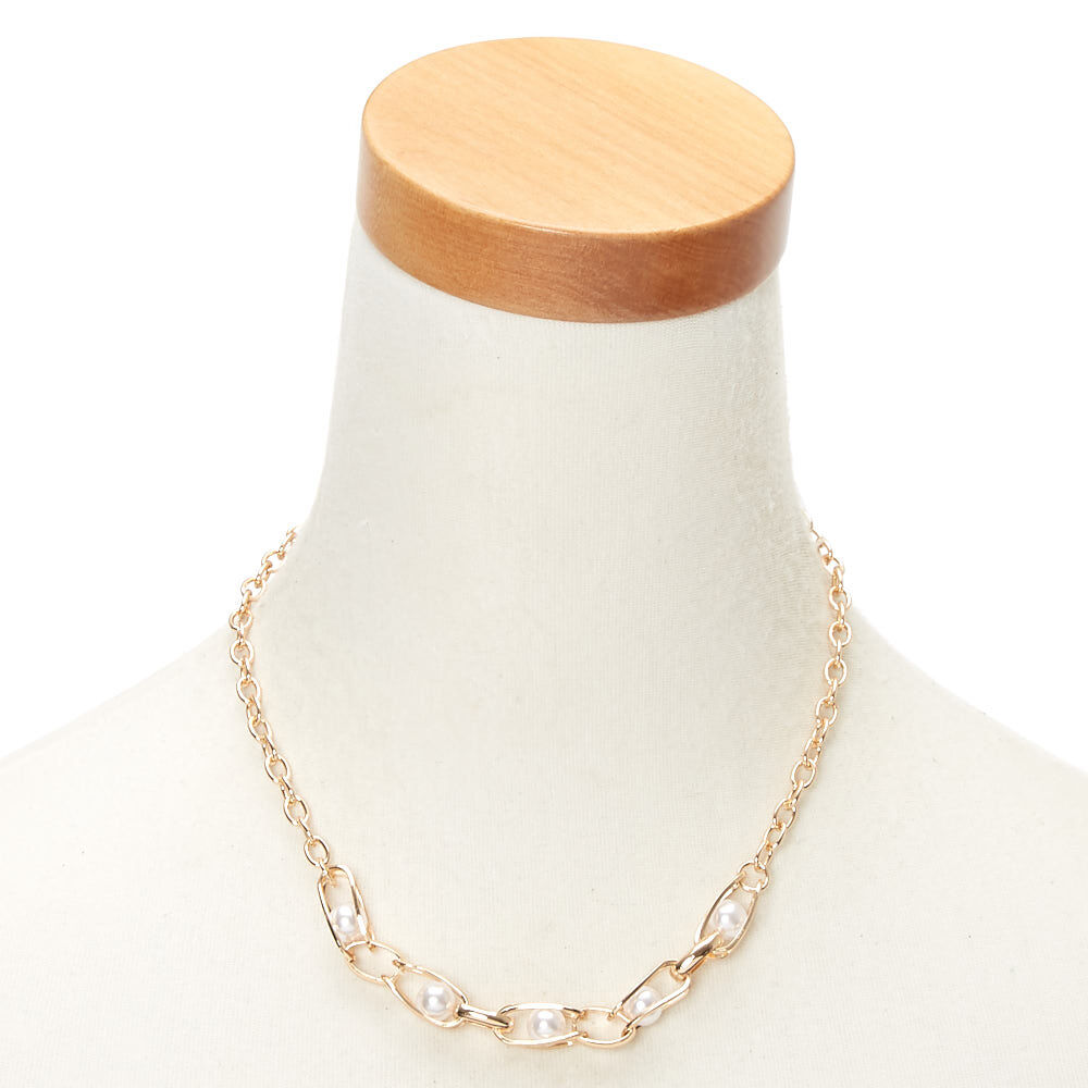 Gold Pearl Cage Chain Statement Necklace,
