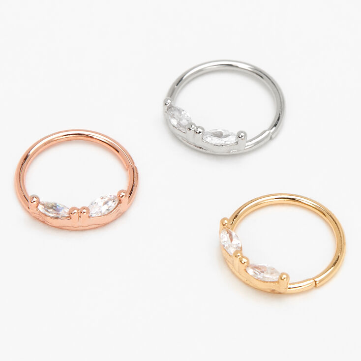 20G Mixed Metal Stainless Steel Cubic Zirconia Oval Hoop Nose Rings - 3 Pack,