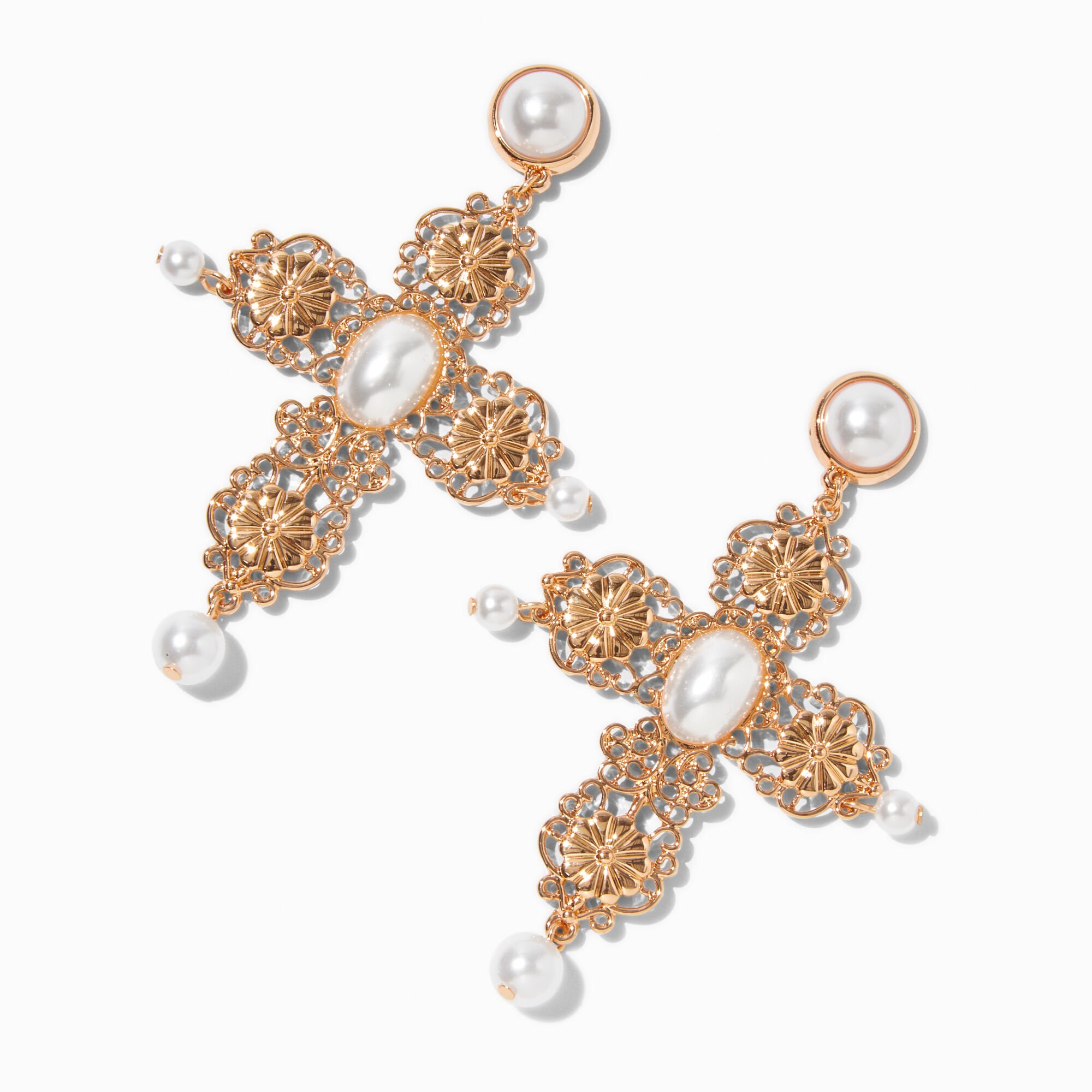 Gold tone Ornate Pearl Cross 3 Drop Earrings Claire s US