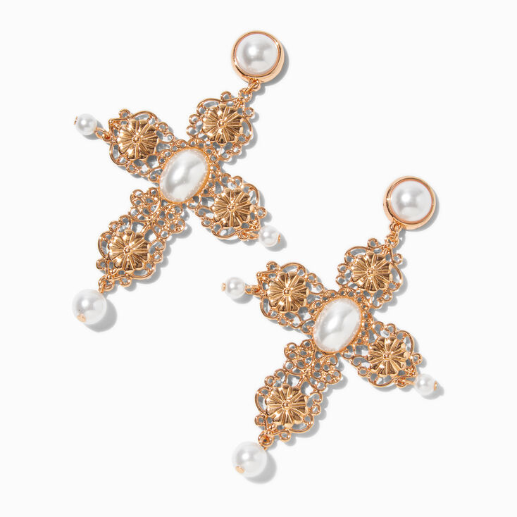 Gold-tone Ornate Pearl Cross 3&quot; Drop Earrings ,