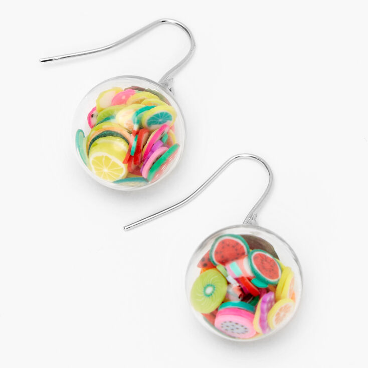 Silver 1&quot; Fruit Confetti Shaker Drop Earrings,