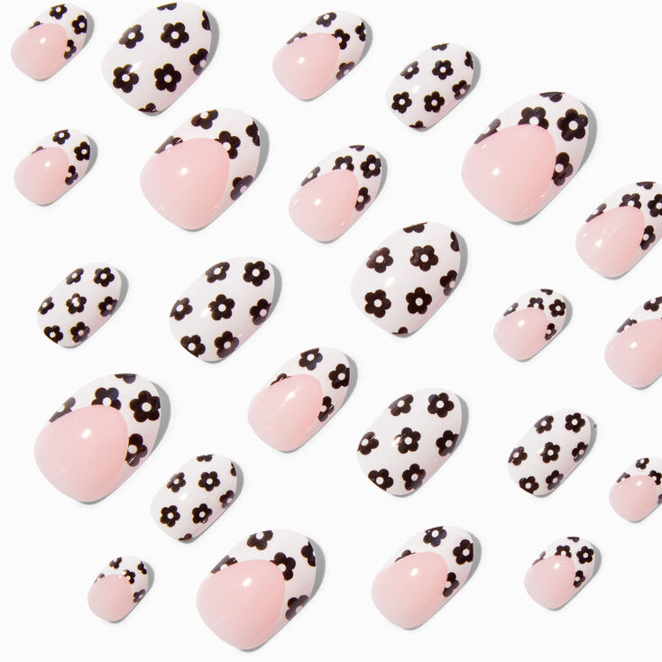 Black &amp; White Daisy French Tip Stiletto Press On Faux Nail Set - 24 Pack,