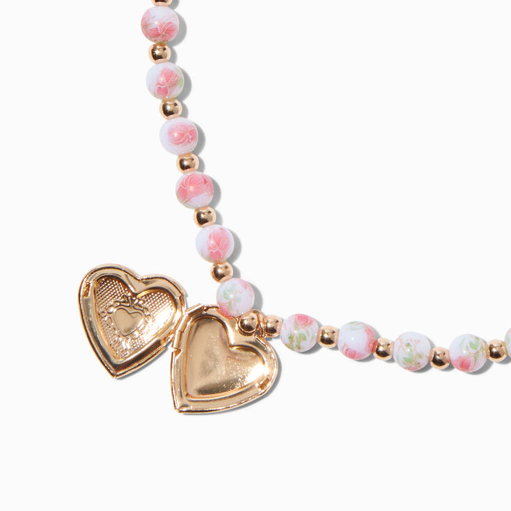 Gold-tone Heart Locket Rose Beaded Necklace,