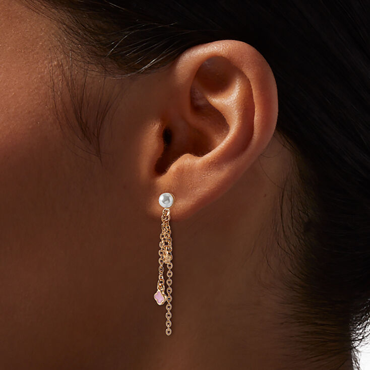 Gold-tone Pink Clover Pearl Chain Drop Earrings,
