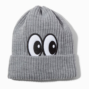 Surprised Eyes Gray Ribbed Beanie Hat,
