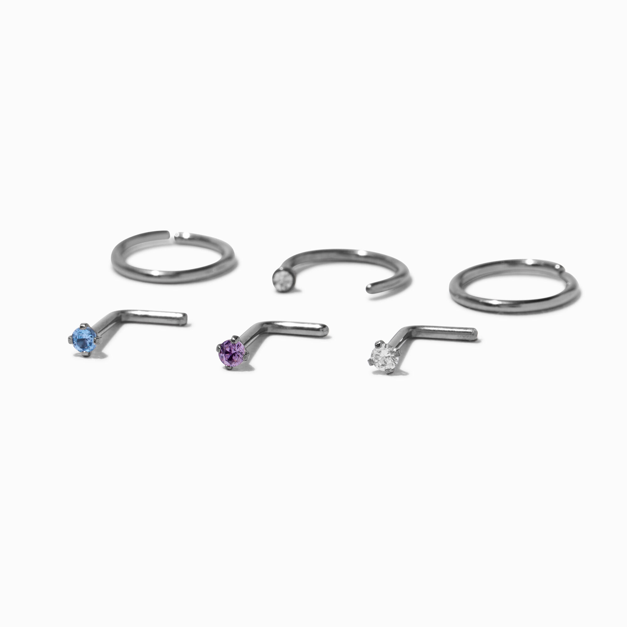View Claires Mixed Crystal 18G Tone Titanium Nose Rings 6 Pack Silver information