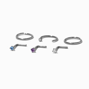 18G Silver-tone Titanium Cubic Zirconia Mixed Aqua Nose Rings - 6 Pack,