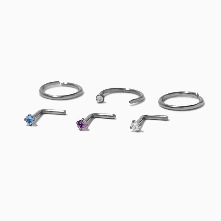 18G Silver-tone Titanium Cubic Zirconia Mixed Aqua Nose Rings - 6 Pack,