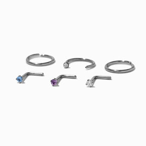 Mixed Crystal 18G Silver-tone Titanium Nose Rings - 6 Pack,