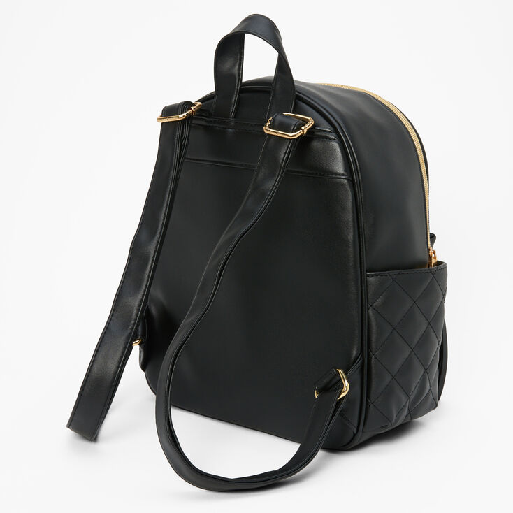 Black Faux Leather Gold Pearl Studded Backpack,