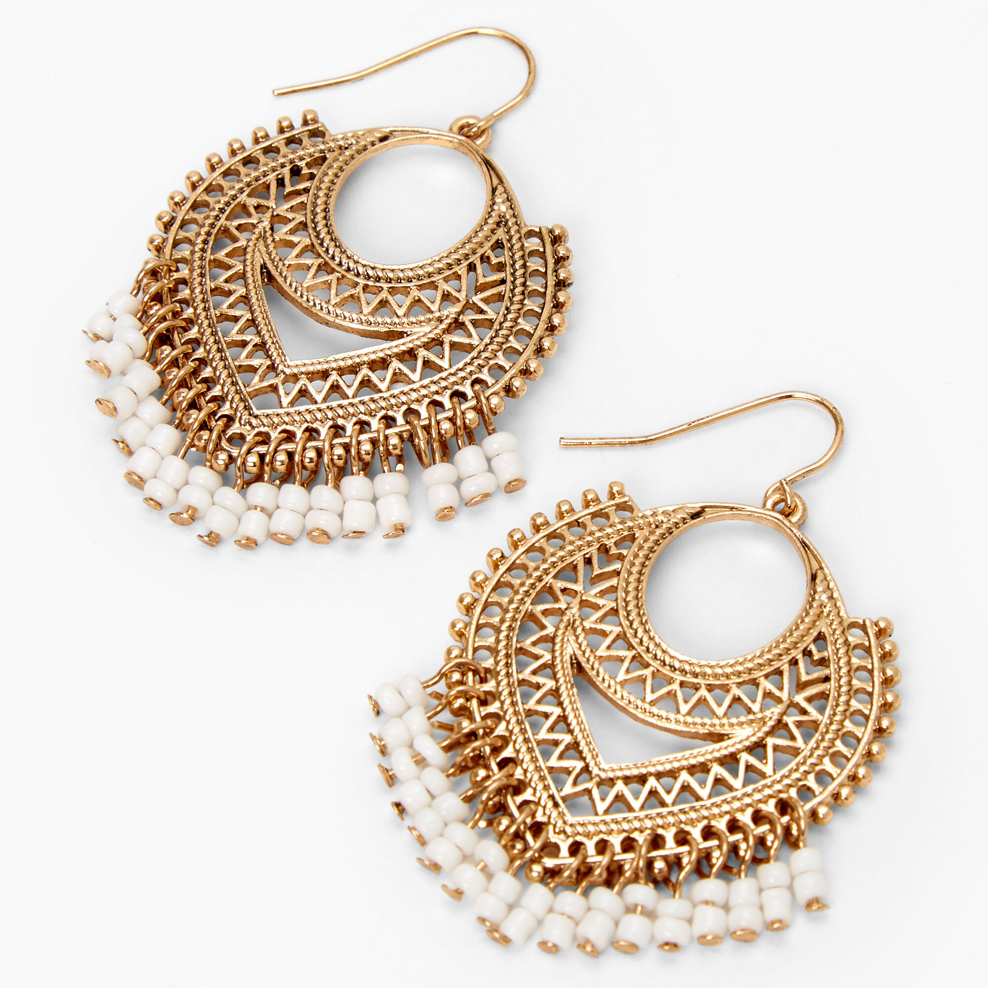 Gold 2" Beaded Chain Aztec Drop Earrings - White,