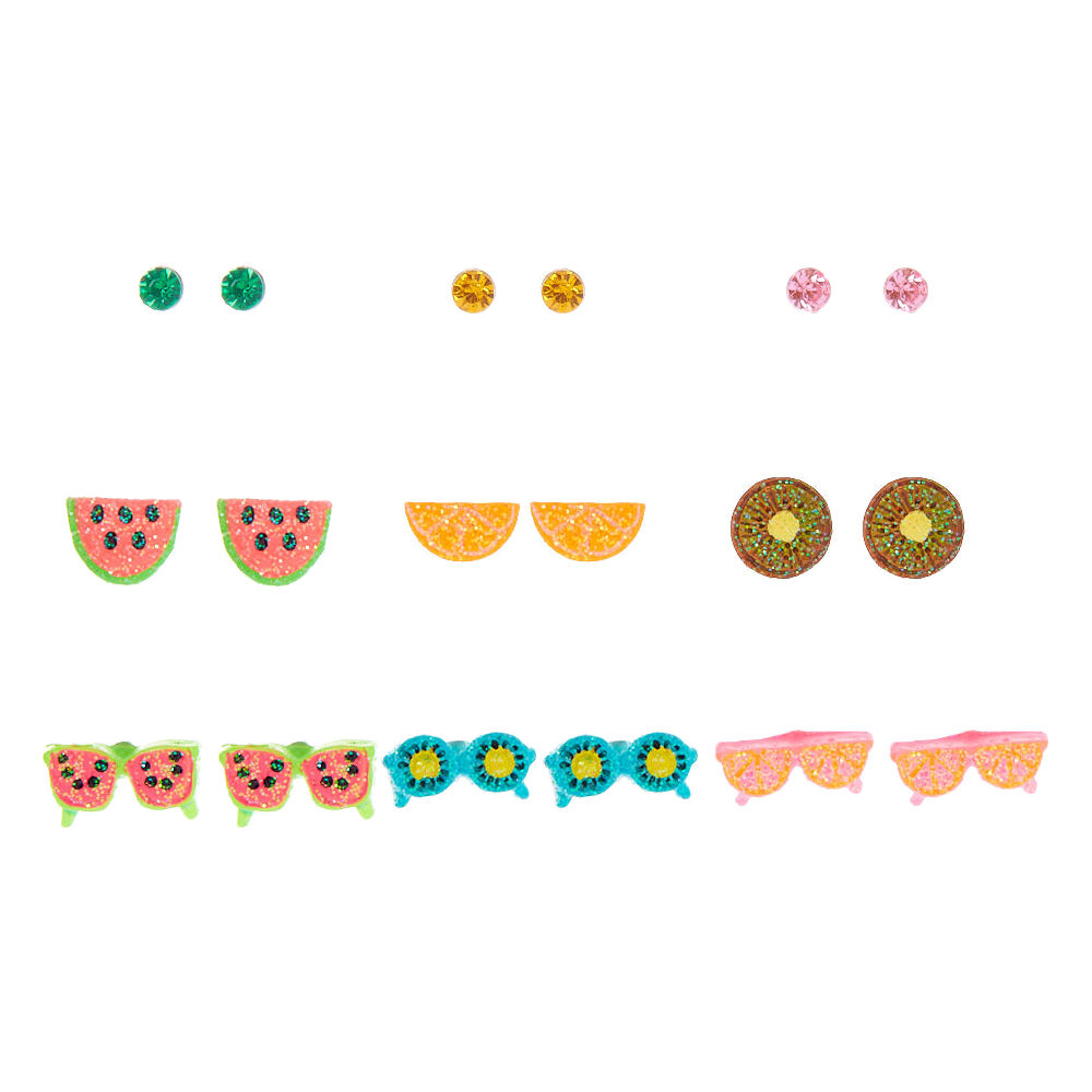 Clous d'oreilles lunettes fruits paillettes couleur argentée - Lot de 9,