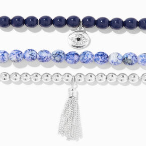 Blue Evil Eye Marble Beaded Stretch Bracelets - 3 Pack,