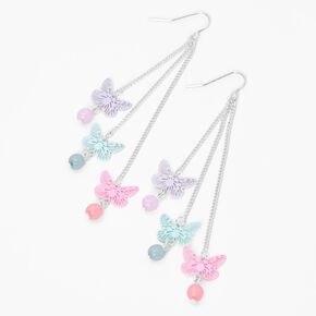 Silver 3&quot; Triple Butterfly Pastel Linear Drop Earrings,