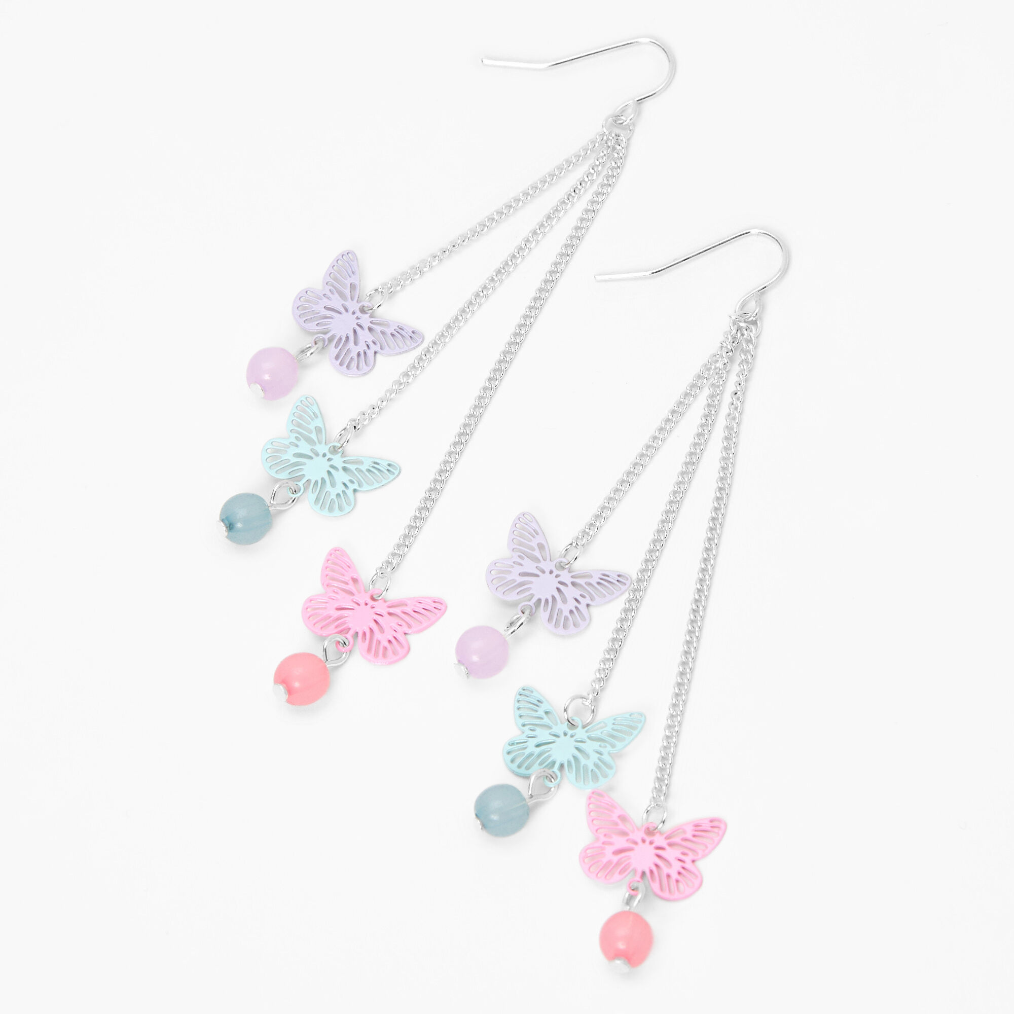 View Claires 3 Triple Butterfly Pastel Linear Drop Earrings Silver information