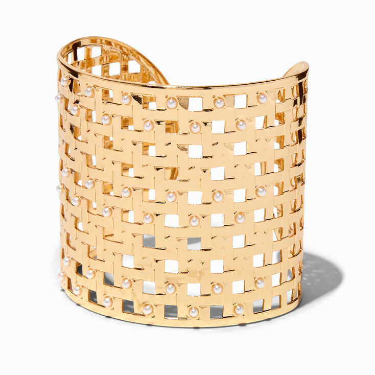 Gold-tone Pearl Basket Weave Cuff Bracelet ,