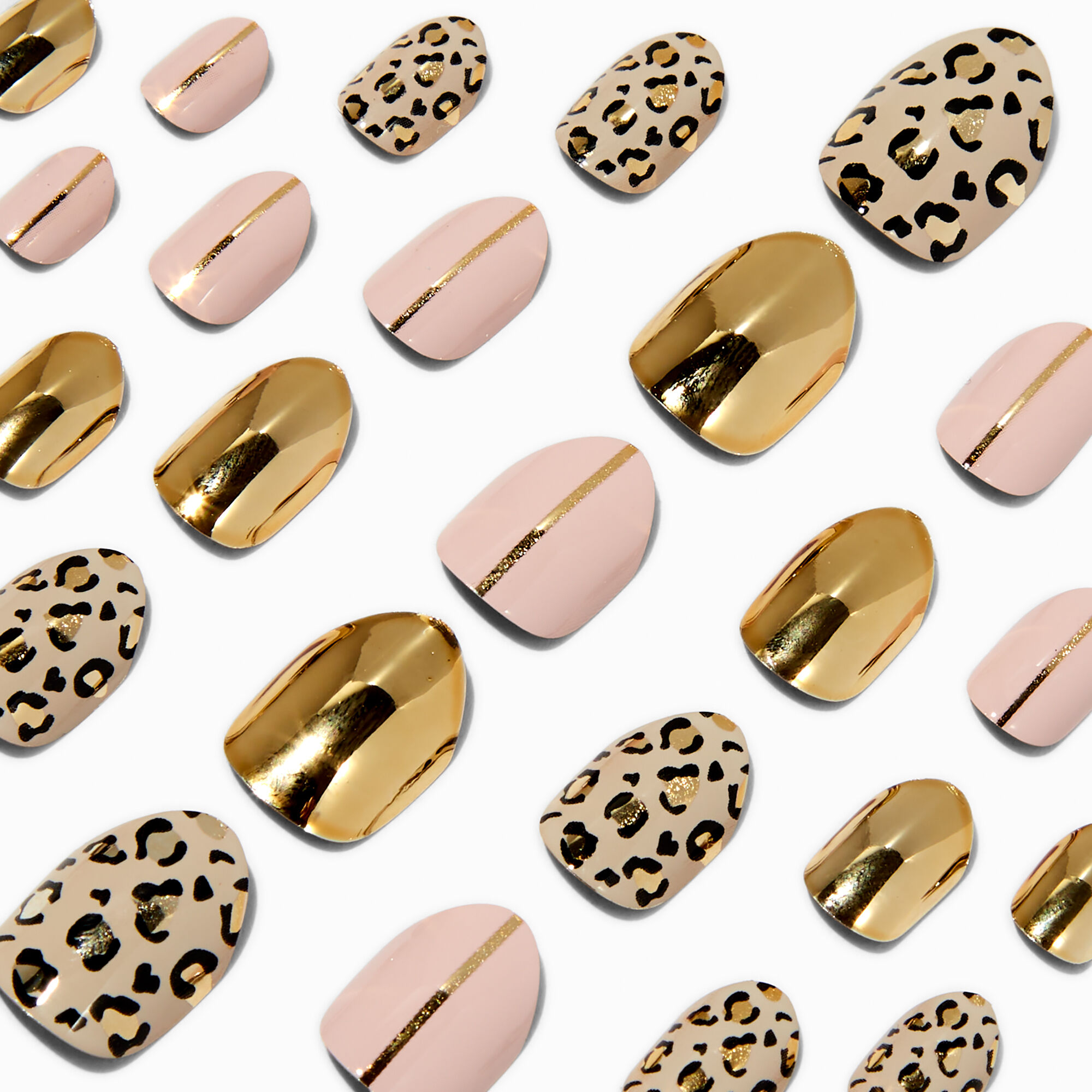 View Claires Leopard Stiletto Press On Vegan Faux Nail Set 24 Pack Gold information