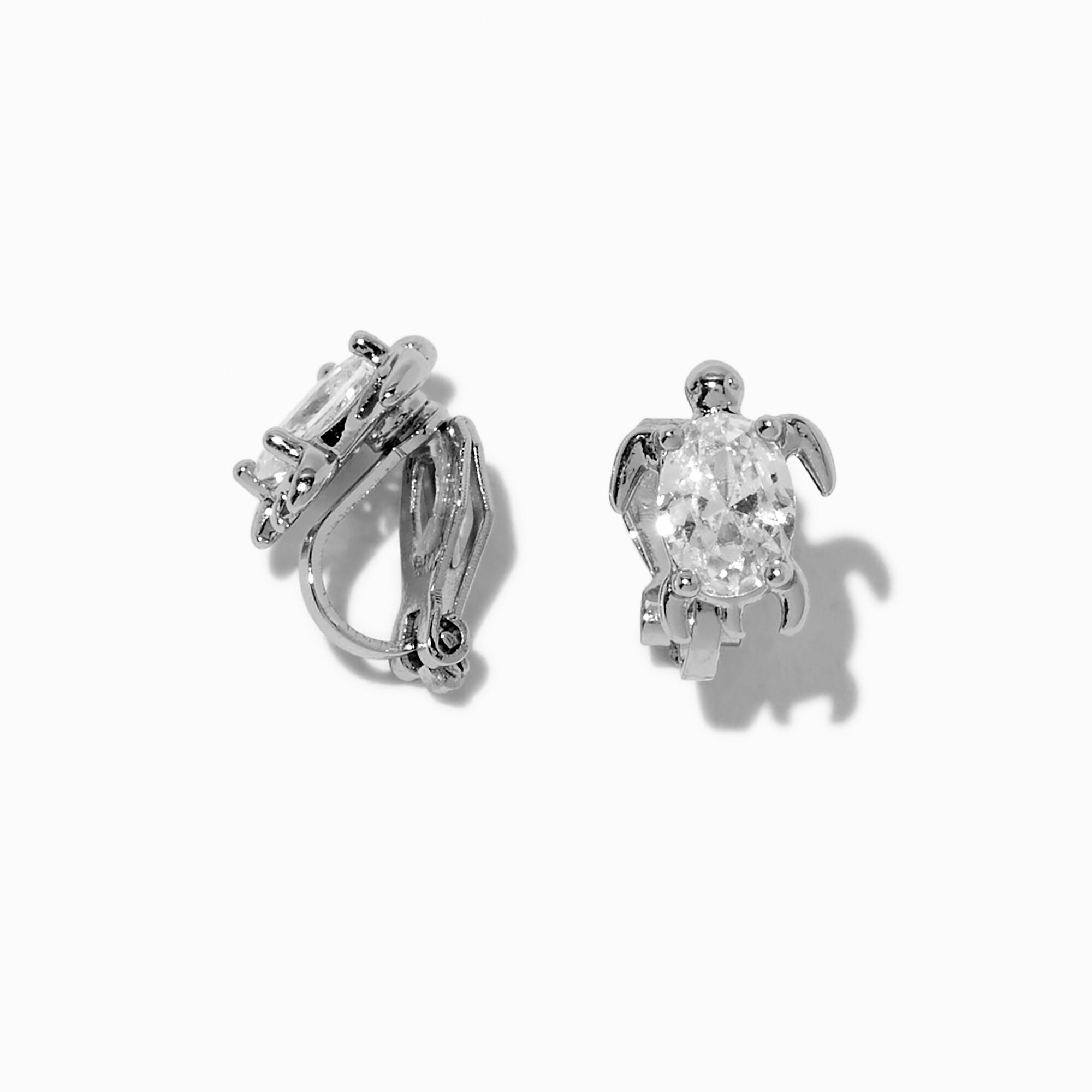 Silver-tone Cubic Zirconia Turtle Clip-On Stud Earrings,
