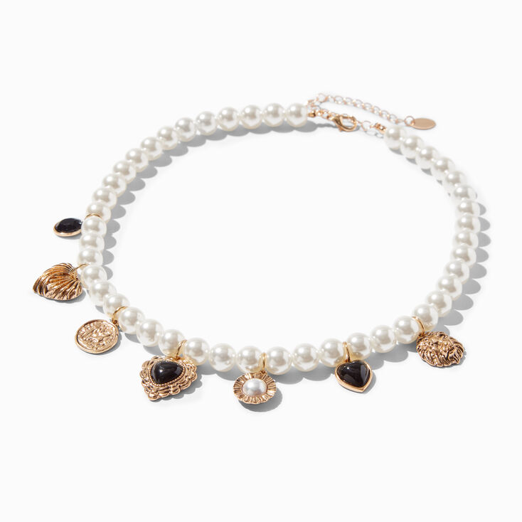 Gold-tone &amp; Pearl Charm Necklace ,
