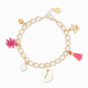 Pink Tropical Cowrie Seashell Gold-tone Charm Bracelet,