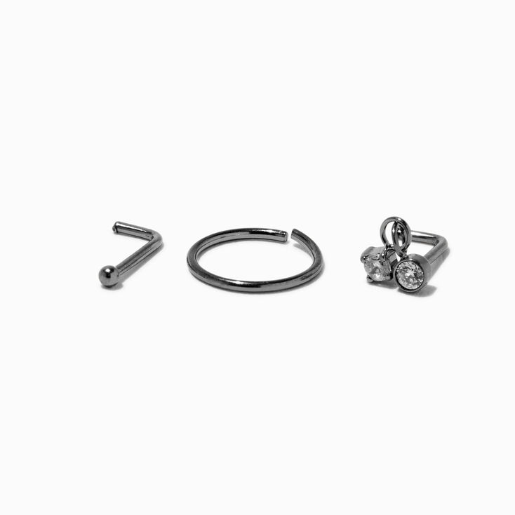 20G Silver-tone Titanium Cubic Zirconia Dangling Nose Rings &amp; Studs - 3 Pack,