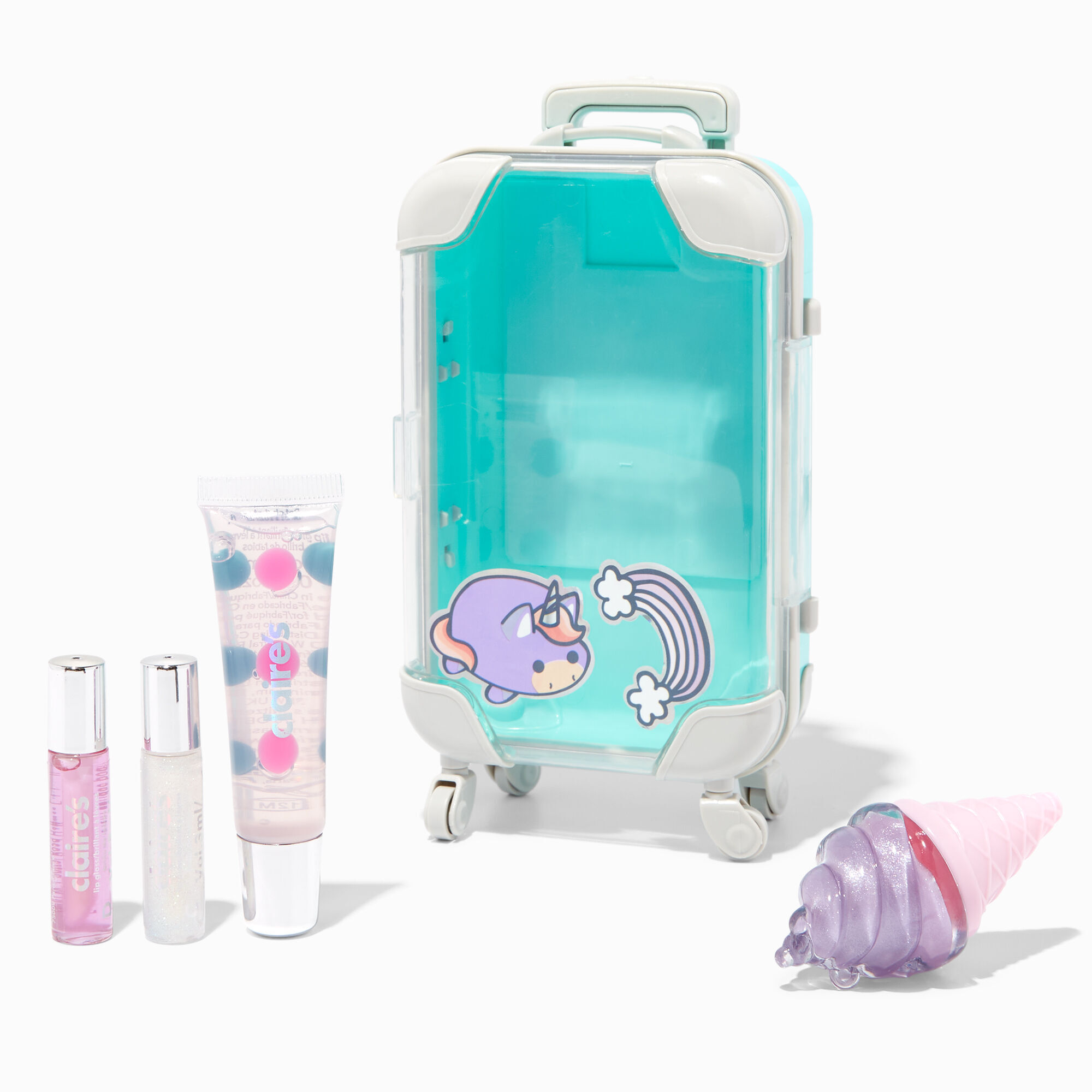 View Claires Chubby Unicorn Luggage Lip Gloss Set information
