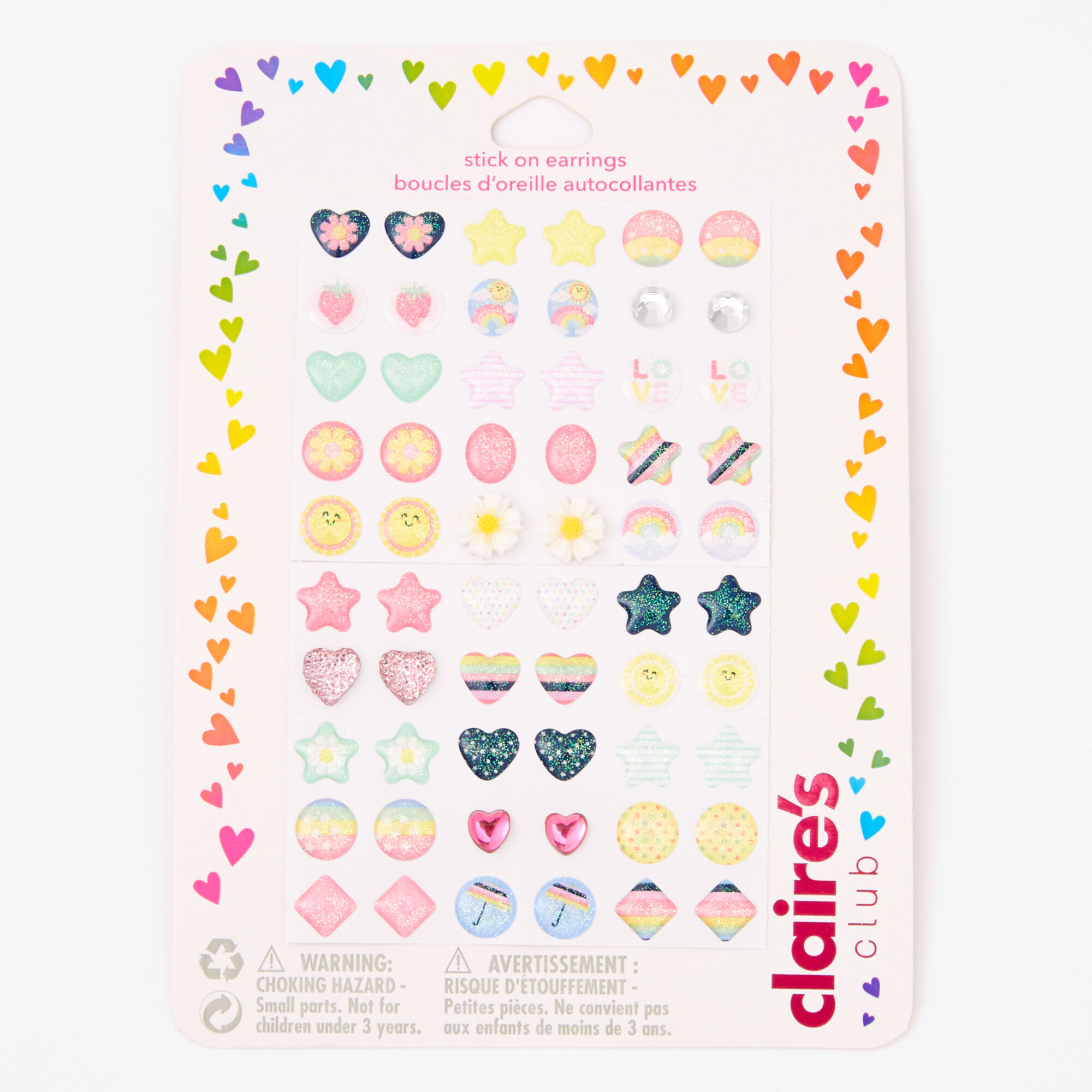  Claire's Club Little Girl 30-pack Stick on Earrings with Heart,  Stars, Butterfly, and More Gemstones: Clothing, Shoes & Jewelry